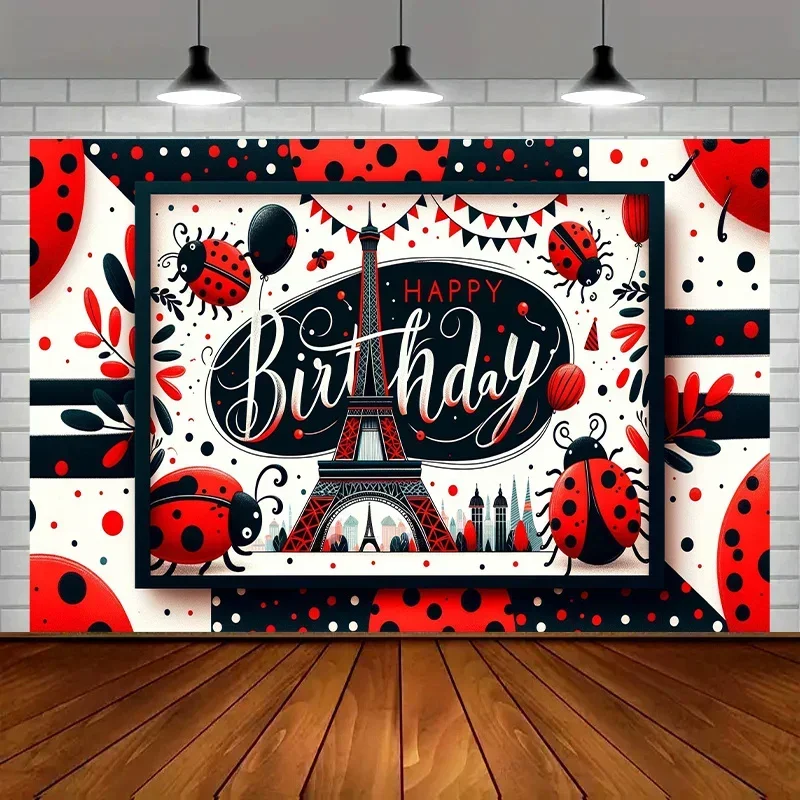 1pc Paris Ladybug Polyester Birthday Banner, 8x6 feet multi-color room decoration