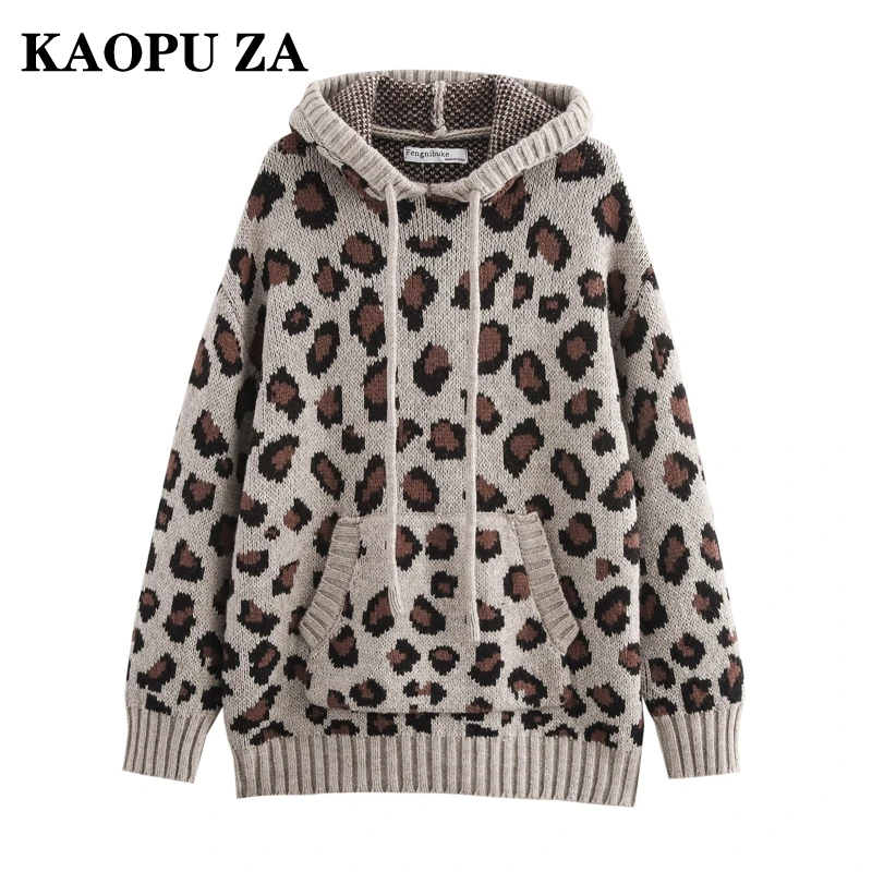 KAOPU ZA 2024 Autumn Woman Casual Long Sleeve Knitted Sweater Top Edgy Lady Hooded Collar Jumper Ruffles Thick Pullover Print