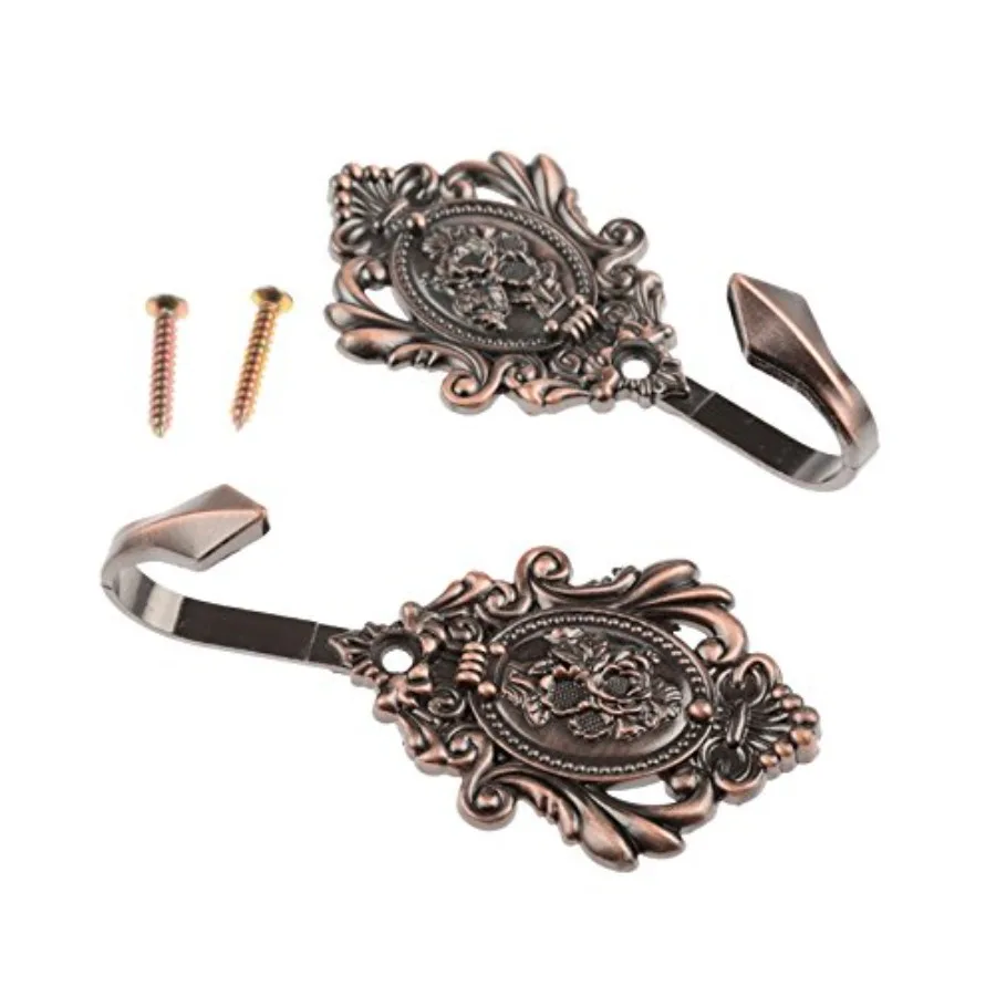 2Pcs Wall Hooks Rose Pattern Carved Vintage Drapery Clothes Key Hook Bathroom Bedroom Multi-Function Decorative Hook with Screw