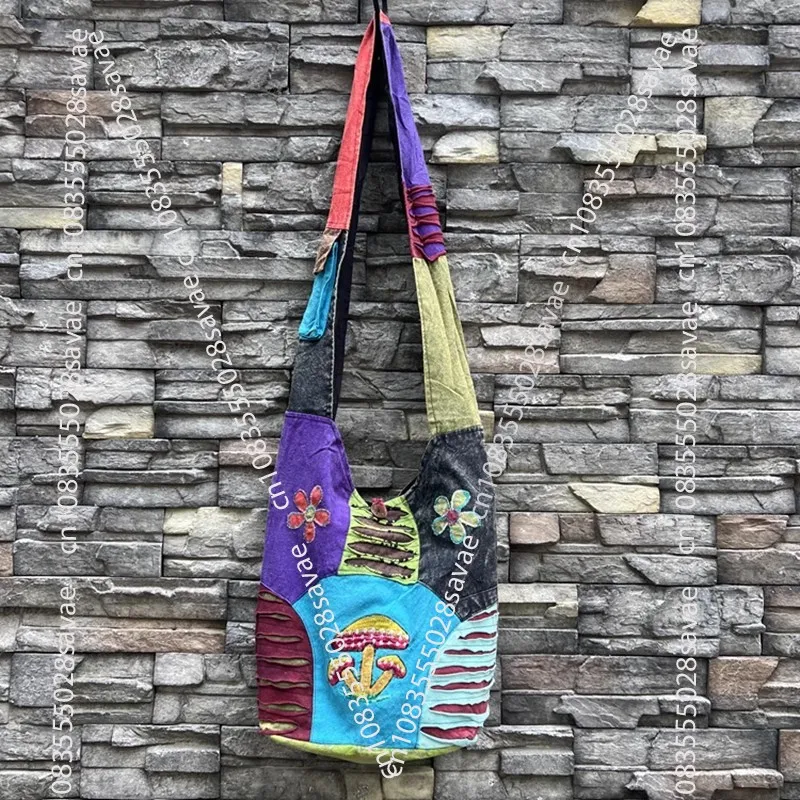 Indian-Nepalese Personality Hippie Crossbody Bag Washed Cotton Distressed Patchwork Shoulder Bag Embroidered Bag