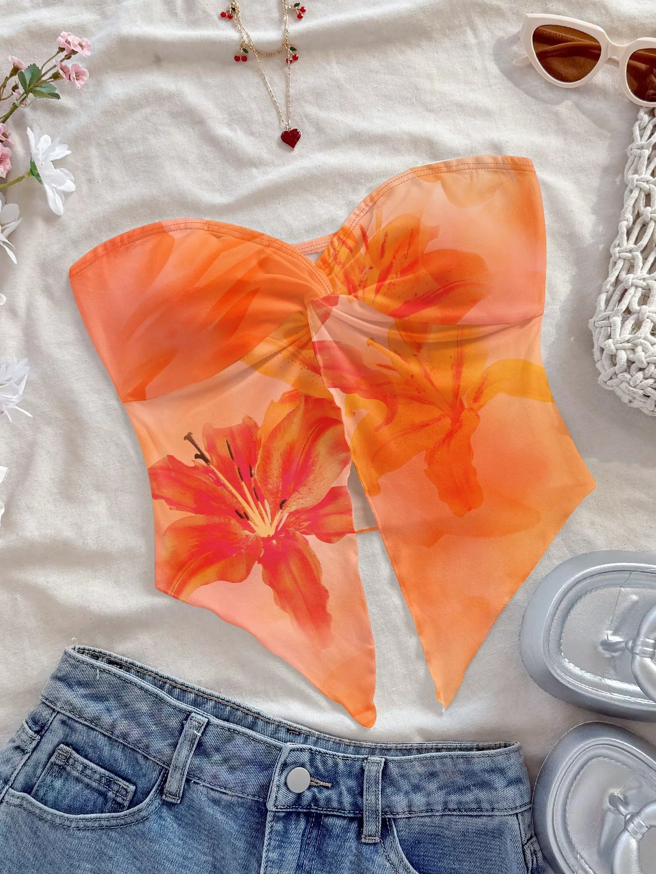 Women Floral Print Twist Front High Slit Strapless Tube Top Summer Beach Vacation Crop Top