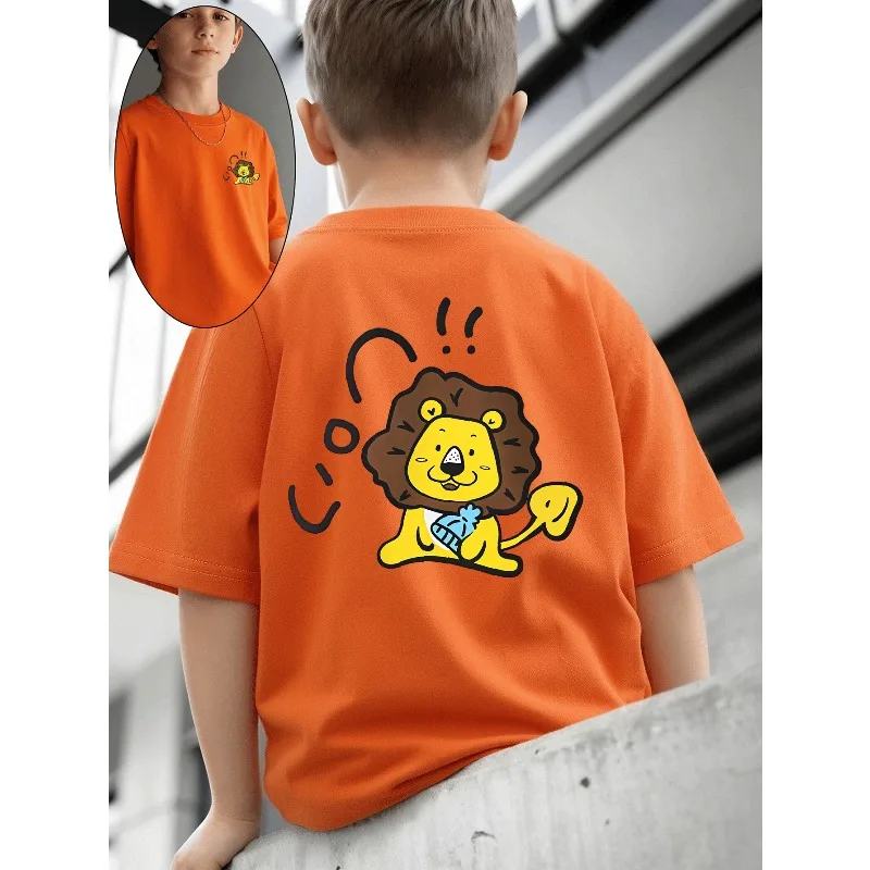 Cute Lion Hugging Blue Fish Pattern Casual Street Style Summer Printed Children's Cotton Clothing Suitable for Parent-child
