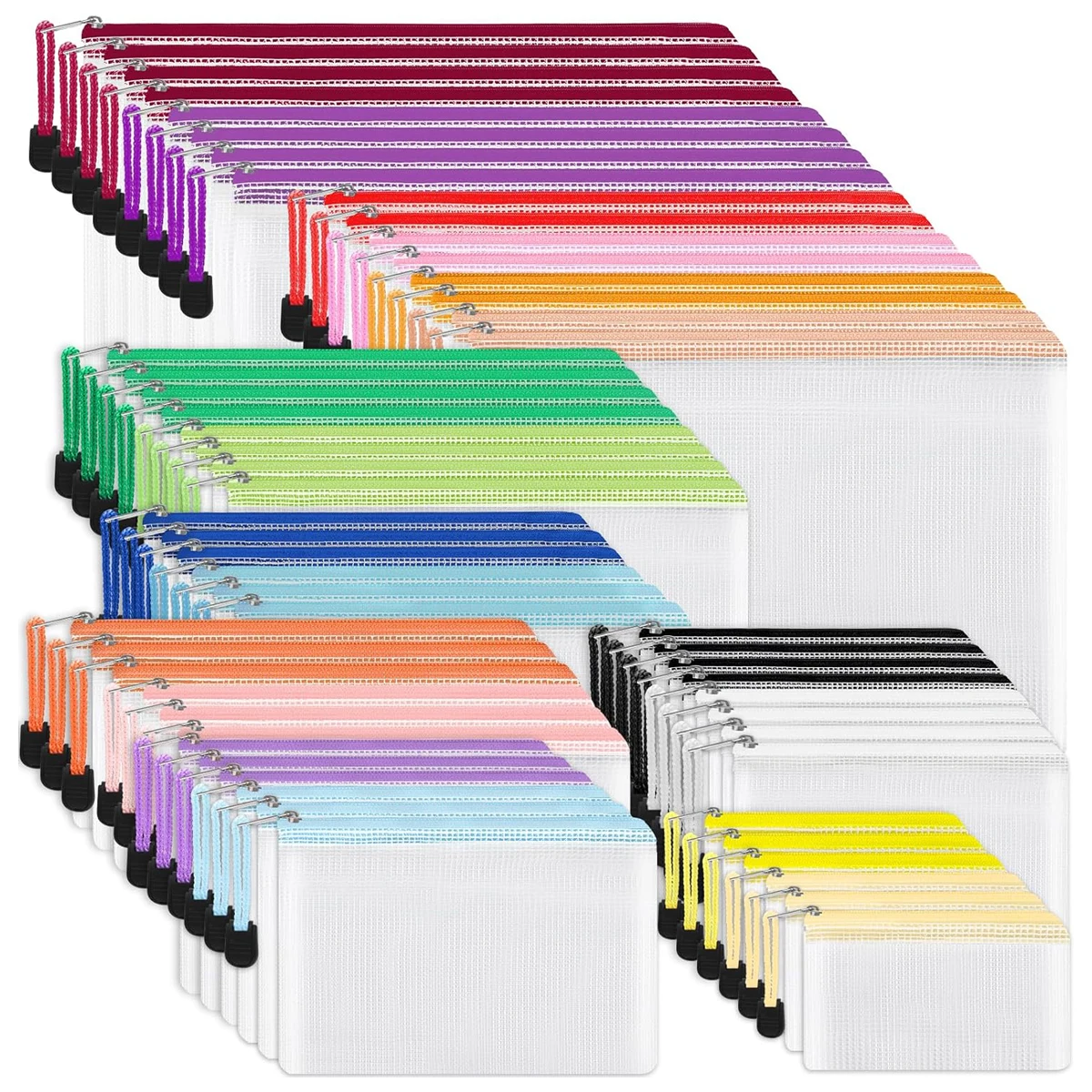 56 Pack Mesh Zipper Pouches, 8 Sizes 18 Colors, Translucent File Bags for Travel, Office, School and Home Storage
