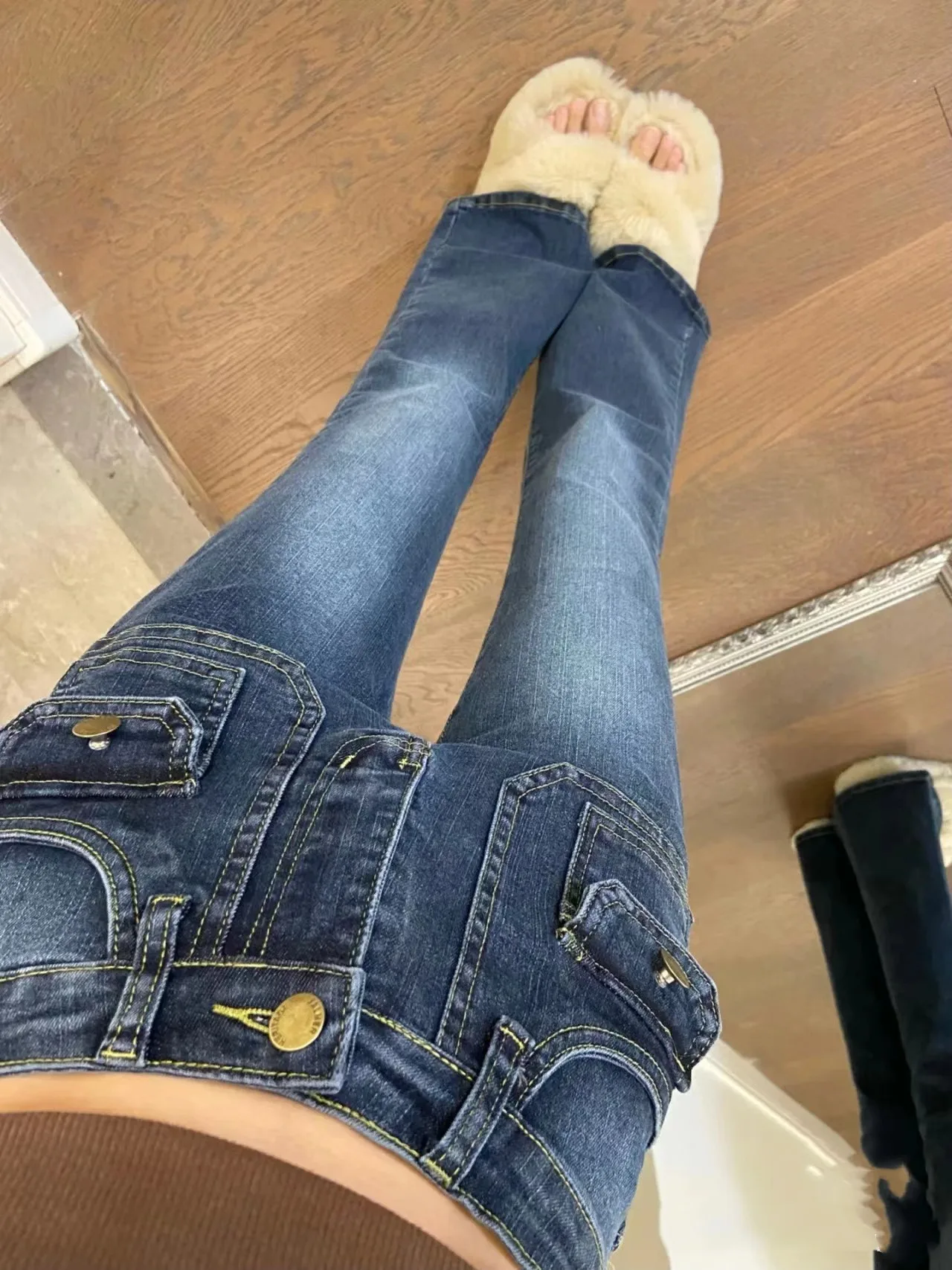 Retro Blue High Waist Bell Bottom Jeans Women plus Size Slimming Floor Length Hot Girl Summer Micro Flared Trousers