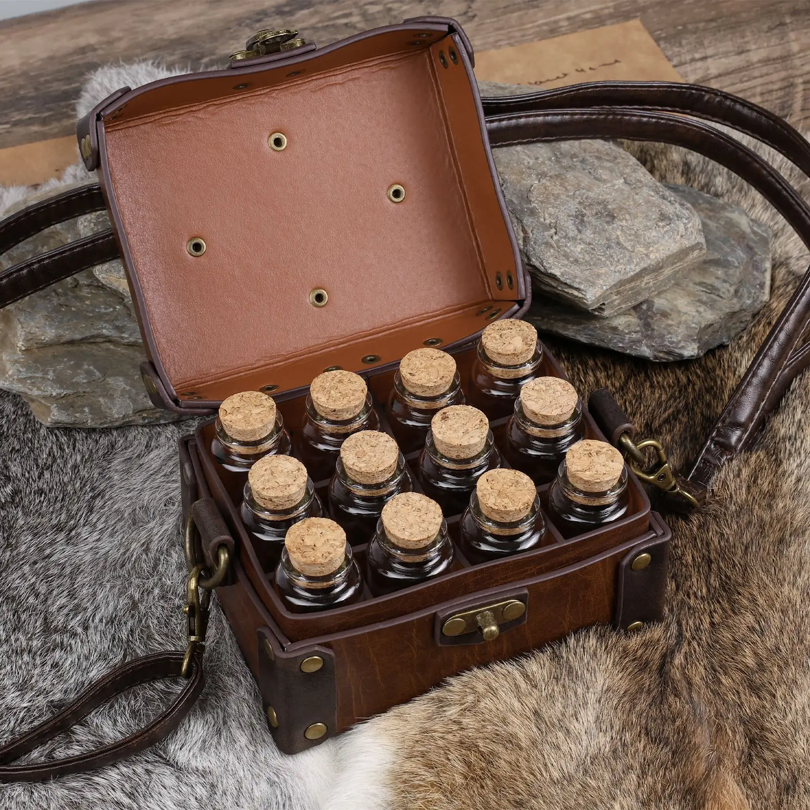 14x11x8cm Medieval Alchemy Flask Box with 12 small glass bottles Nordic Viking Style Halloween Retro Cosplay Prop view 5