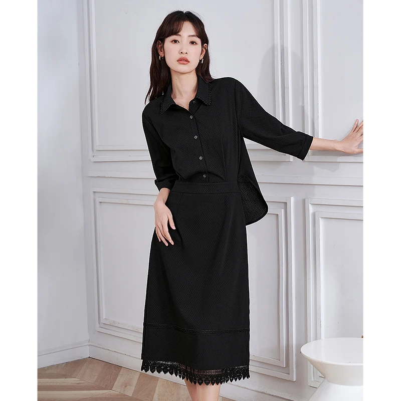 Toyouth Women Fake Two Piece Dress 2023 Summer Half Sleeve Polo Neck Lace Jacquard Elegant High-quality Design Mid-length Skirt