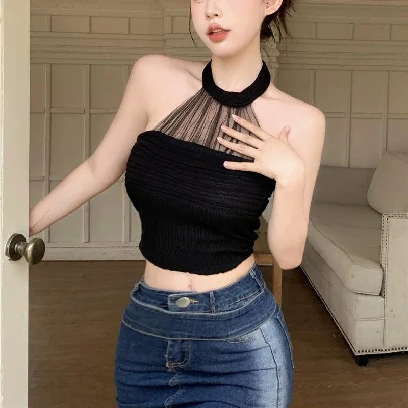 Summer Ladies New Fashion Korean Version Elegant Mesh Splicing Neck Knit Strapless Undershirt Women's Hot Girls Slim Y2K Tee