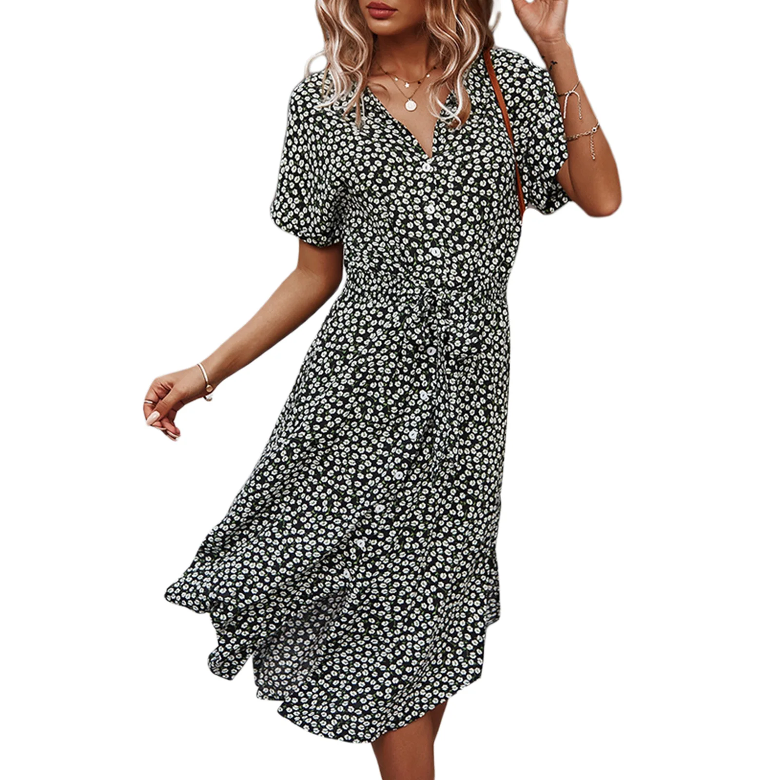 Damen Sommer ästhetische Button-up-Midi-Kleid, Kurzarm ästhetischen Blumen ästhetischen Druck Kordel zug lose Hemd Kleid