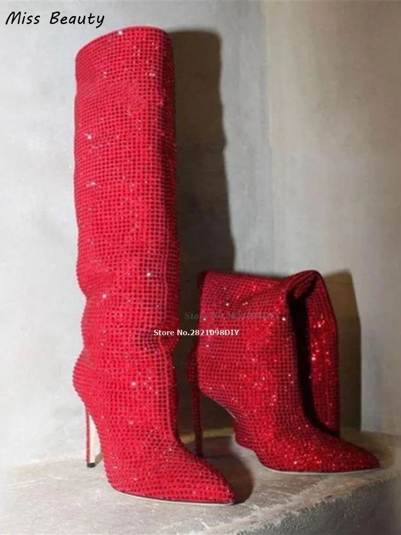 Colorful Diamantes Demonia Boots Pointed Toe Stiletto Knee High Heel Boot Women Stiletto Heeled Glittering Rhinestone Long Bota