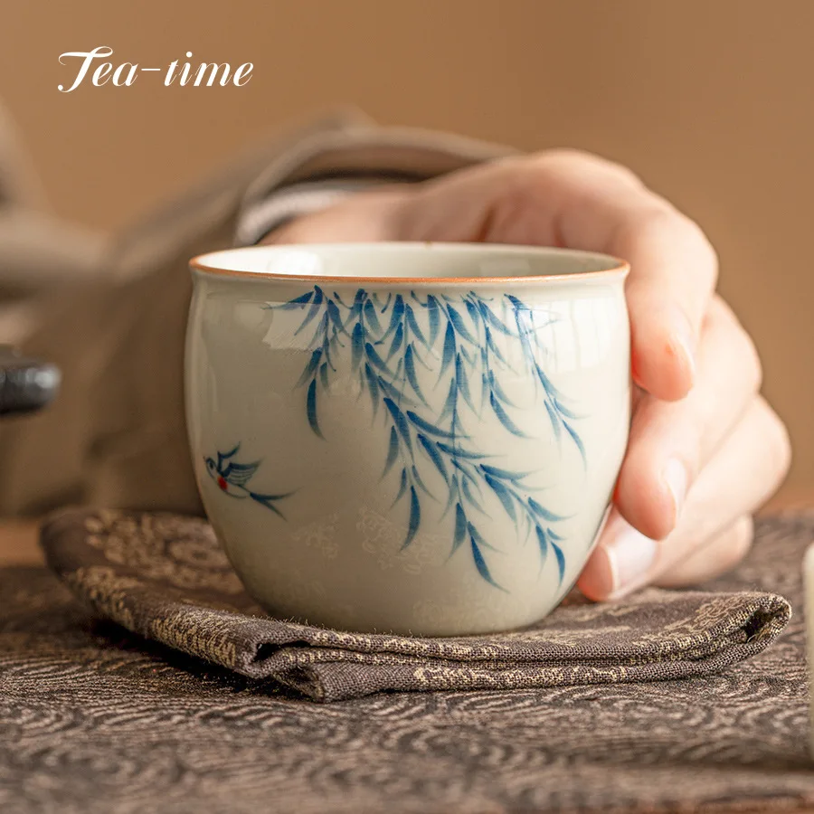 80ml Pure Hand-painted Willow Swallow Ceramic Teacup Cylinder Cup Plant Ash Puer Tea Bowl Master Cup Tea Bowl Kung Fu Teaset