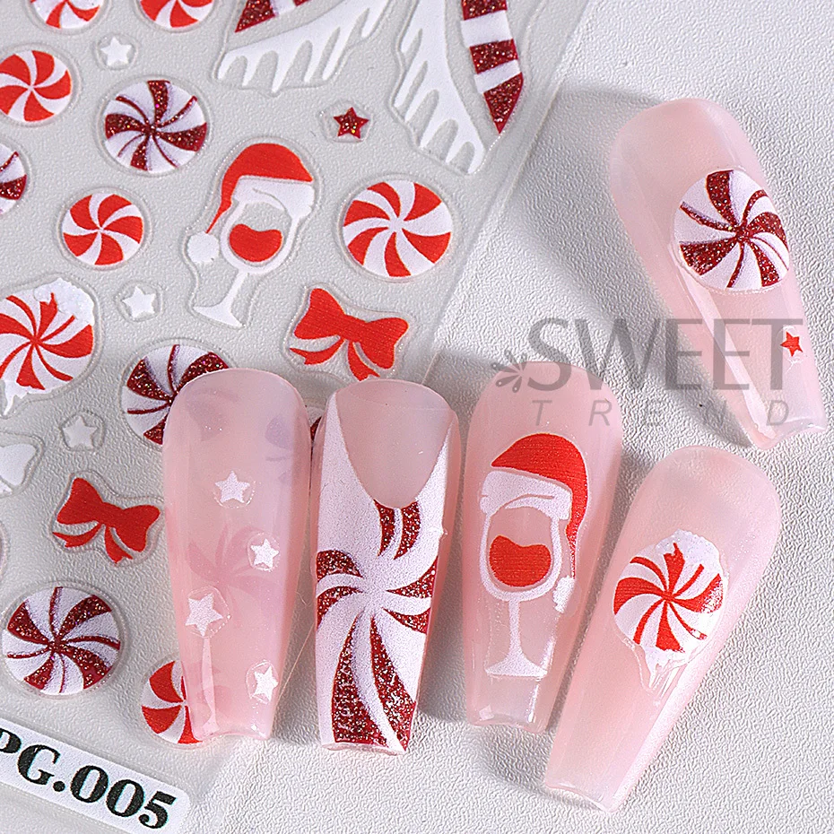 5D Red White Glitter Threaded Christmas Nail Stickers Snowflake Candy Cane Snowman Cookie Man French Plaid Sweater Winter Decor