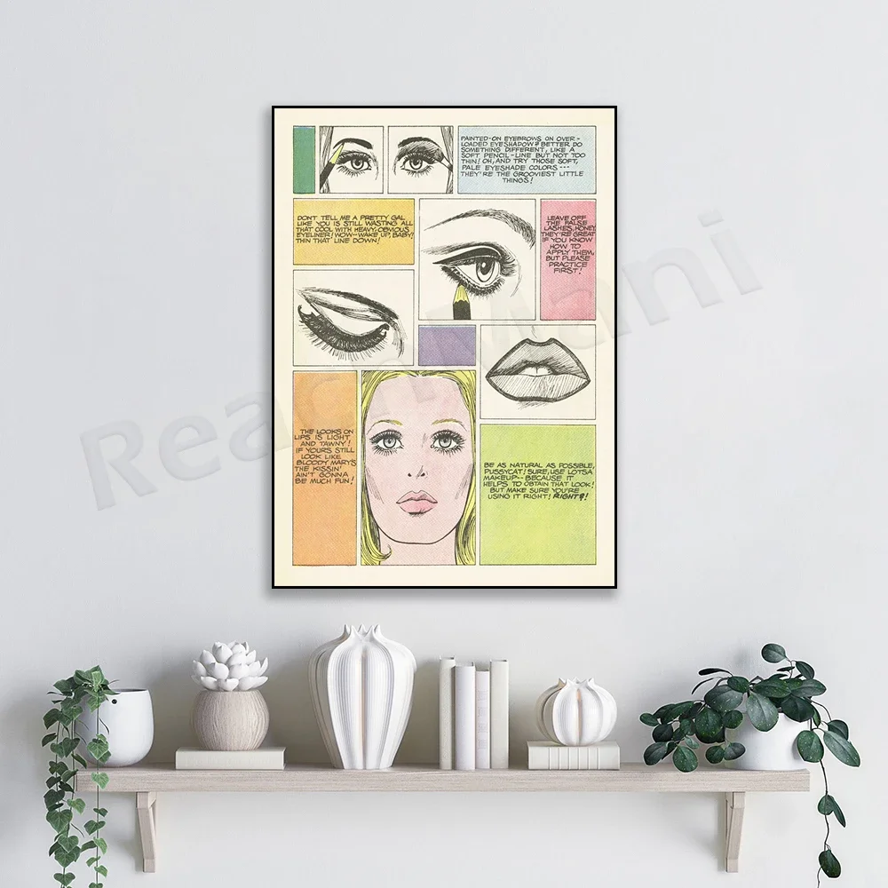 Trendy makeup tips, comic style pop art, how to apply lipstick eyeshadow beautiful fashion poster