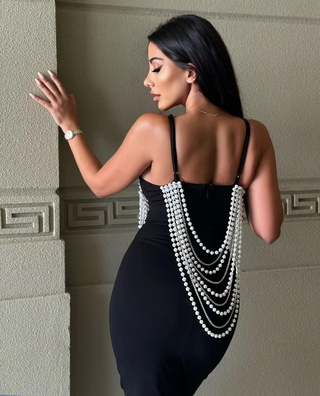 Sexy  Pearls Chain Hollow Out Club Bandage Dress Spaghettti Strap Sleeveless  Midi Celebrity Evening Club Bodycon Knitting Dress