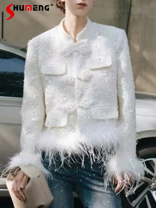 

Fashion New Light Luxury Rhinestone Ostrich Feather Sequined Short Coats Women's Winter Thickened Diamond Feather Jackets