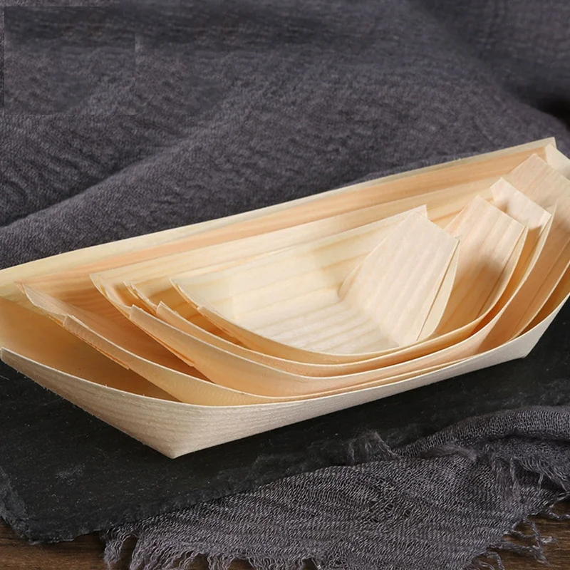 Disposable Eco-Friendly Poplar Wooden Sushi Boat Japanese Style Food Container Boat Shape Certified Polished Surface Natural