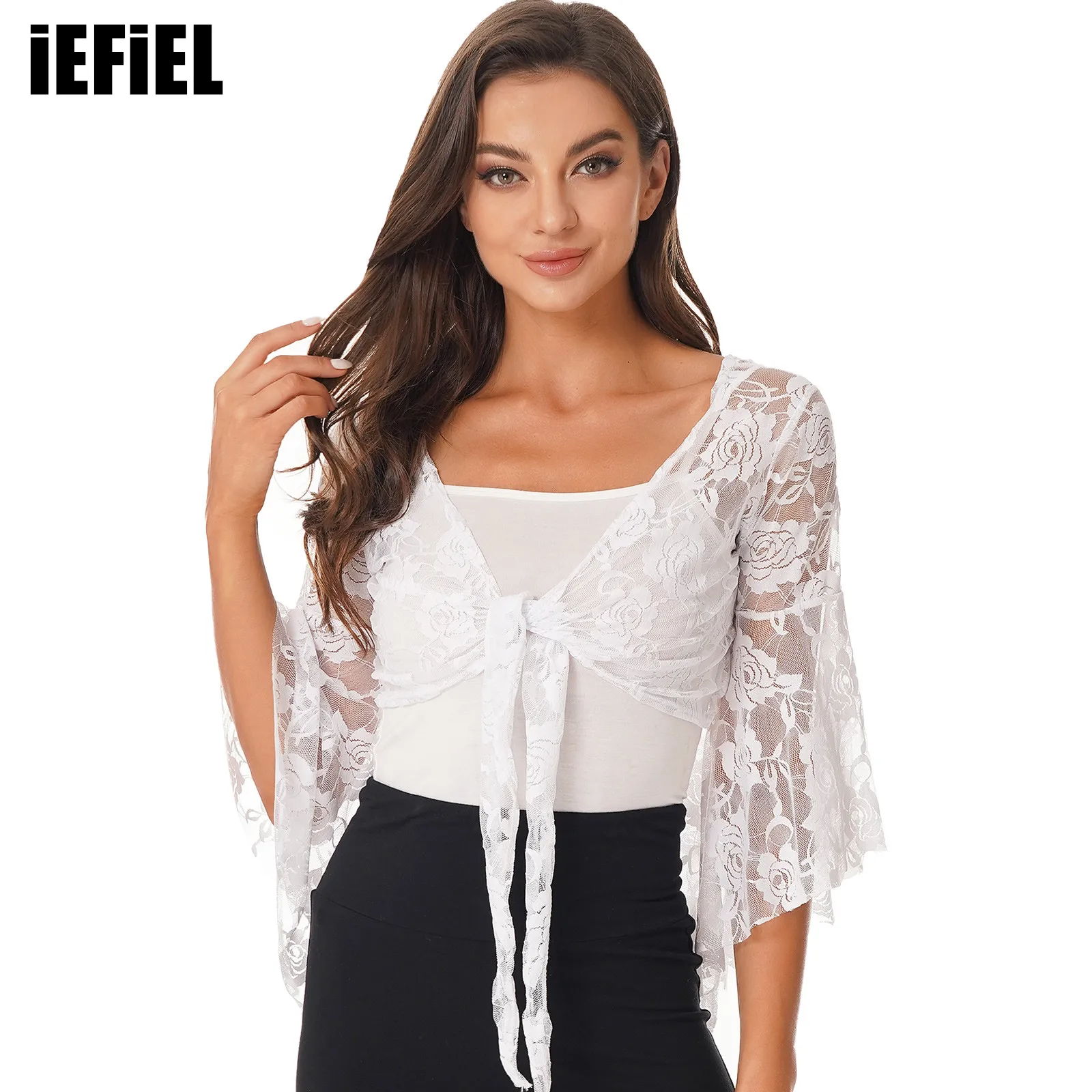 

Womens Girls Belly Dance Tops 3/4 Flare Sleeve Sheer Lace Wrap Shrugs Party Stage Performance Costume Lace-up Cardigan Crop Top