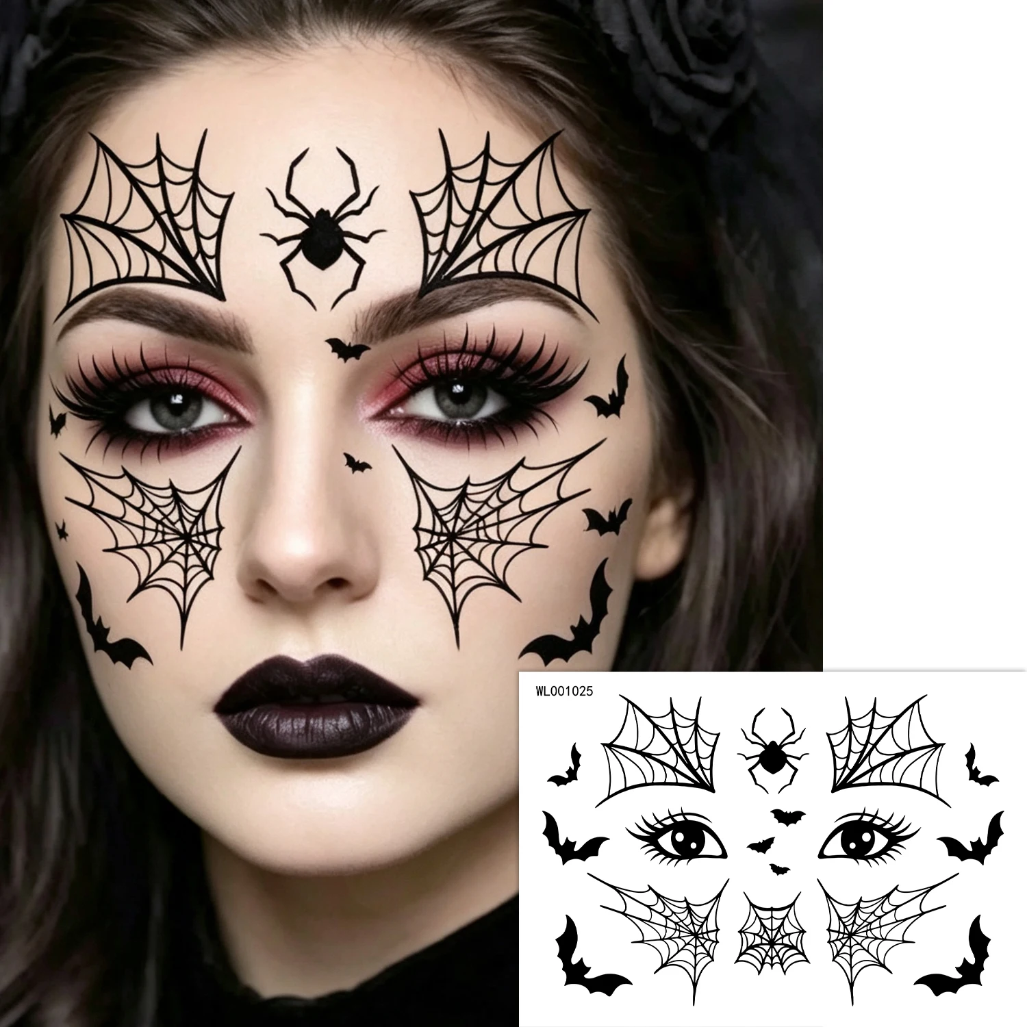 12 Stück Gruselige Halloween-Gesichtstattoos Spinnennetz Fledermaus Skelett Aufkleber Wasserdicht Glitzer Temporäres Tattoo Halloween Cosplay Party * – Detail 4