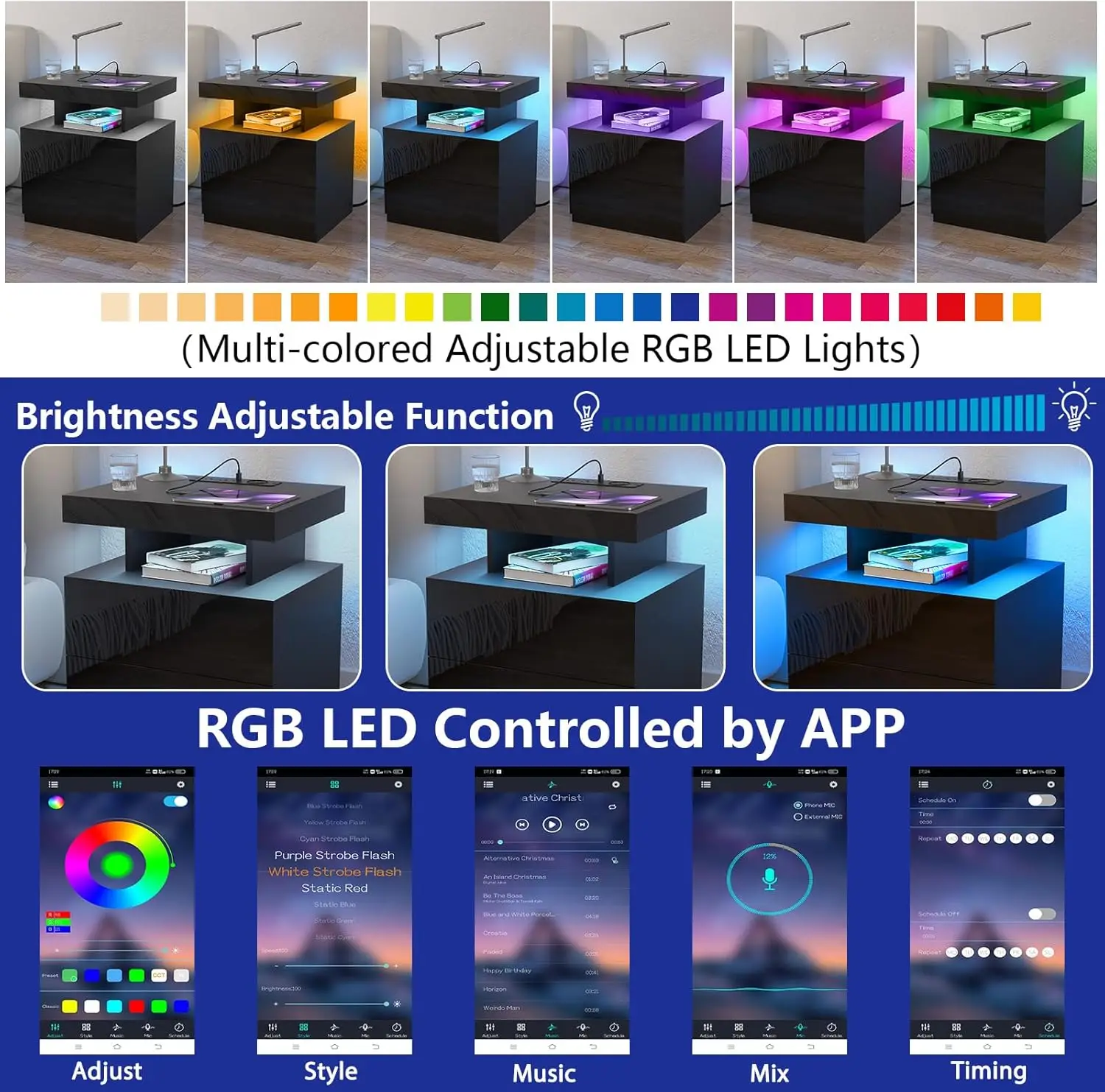 Led Nightstand With Wirel Charging Station & Usb Ports High Gloss Bedside Table With Led Light Rgb Adjustable Brightn Smart