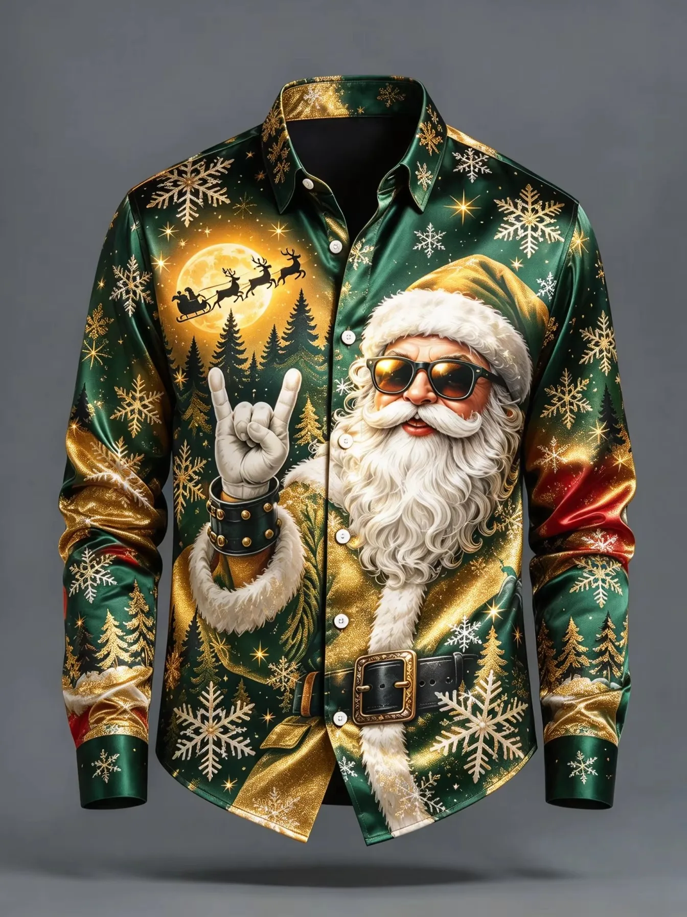 Men’s Christmas Long-Sleeve Shirt Santa Claus Snowflake Print Button-Down Collared Casual Style Festive Party Street-Style Top