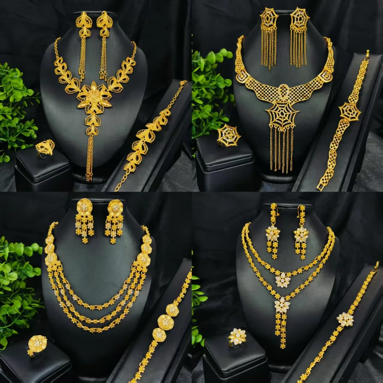 

Цветочное свадебное женское элегантное универсальное, комплекты банкетных украшений, ожерелье, кольцо-браслет, серьги для свадьбы, мода, 24 карата