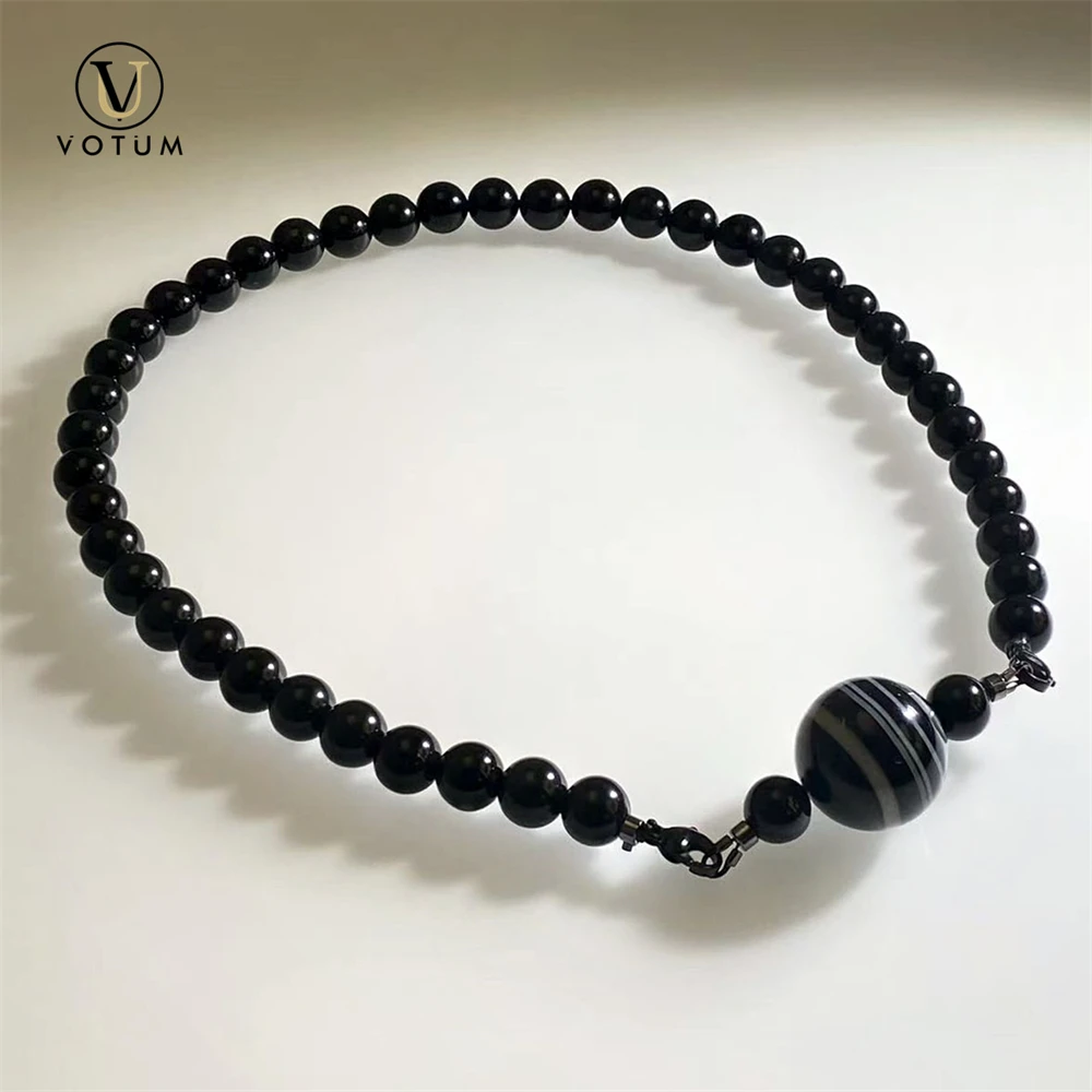 Votum Natural Black Sardonyx Onyx Striped Agate Tourmaline Obsidian Beaded Choker Necklace for Women Men Chakra Stone Jewelry