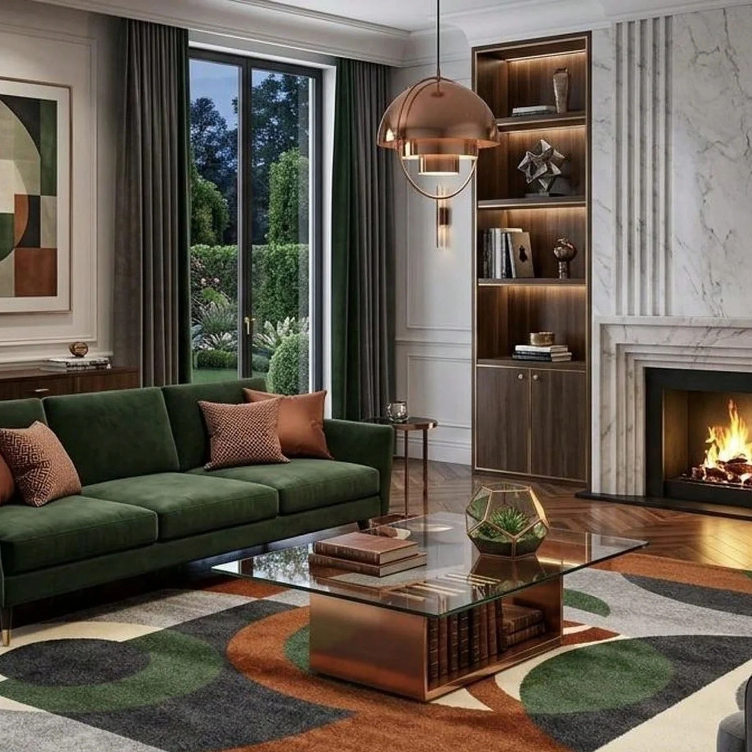 Abstract Geometric Pattern Carpet, Mid-Century Modern Style, Forest Green Terracotta Color Carpet.