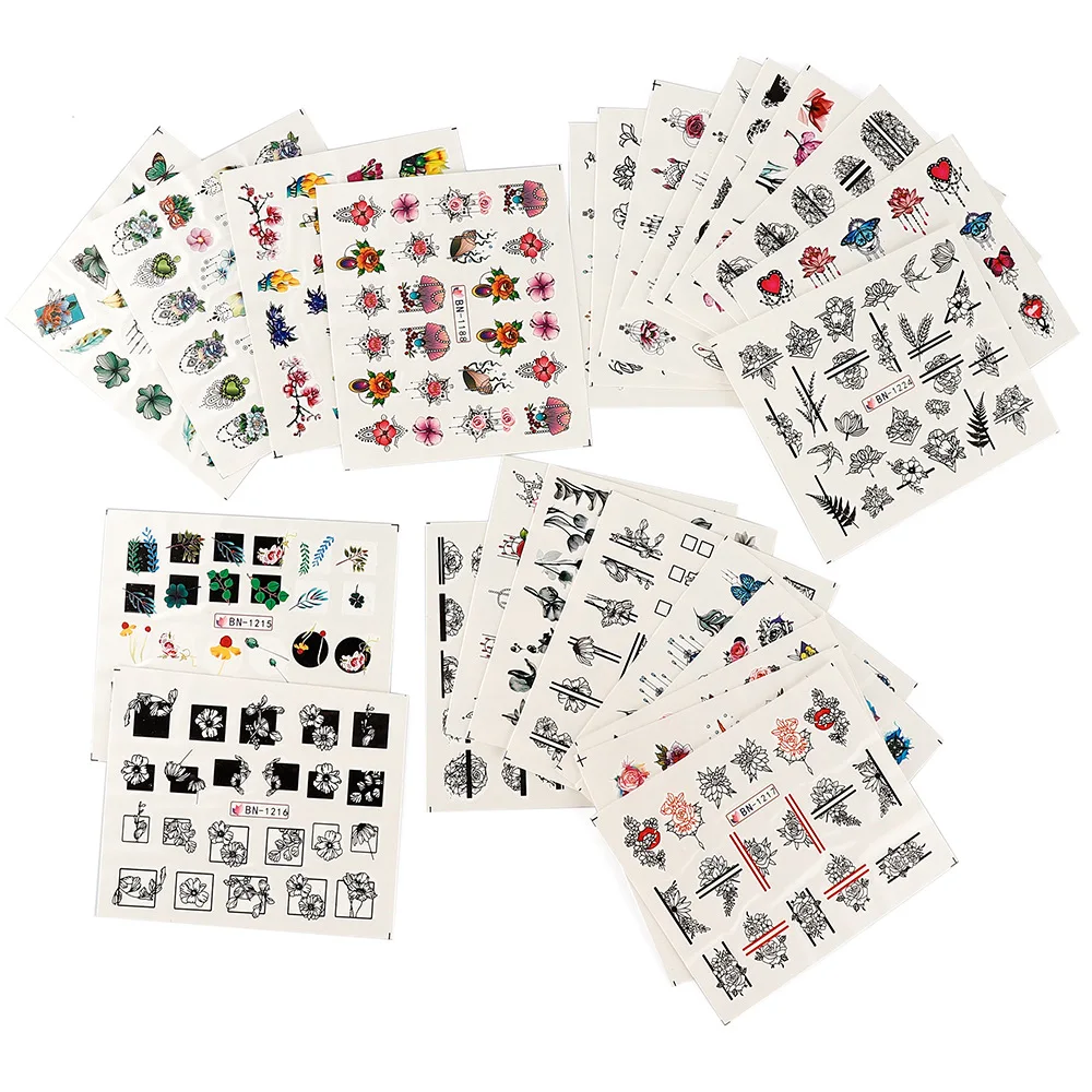 24pcs Nail Stickers Water Transfer Adhesive Decals Jewel Flower Full Stickers Watermark Nail Art Decoration Manicure Tattoo Tips