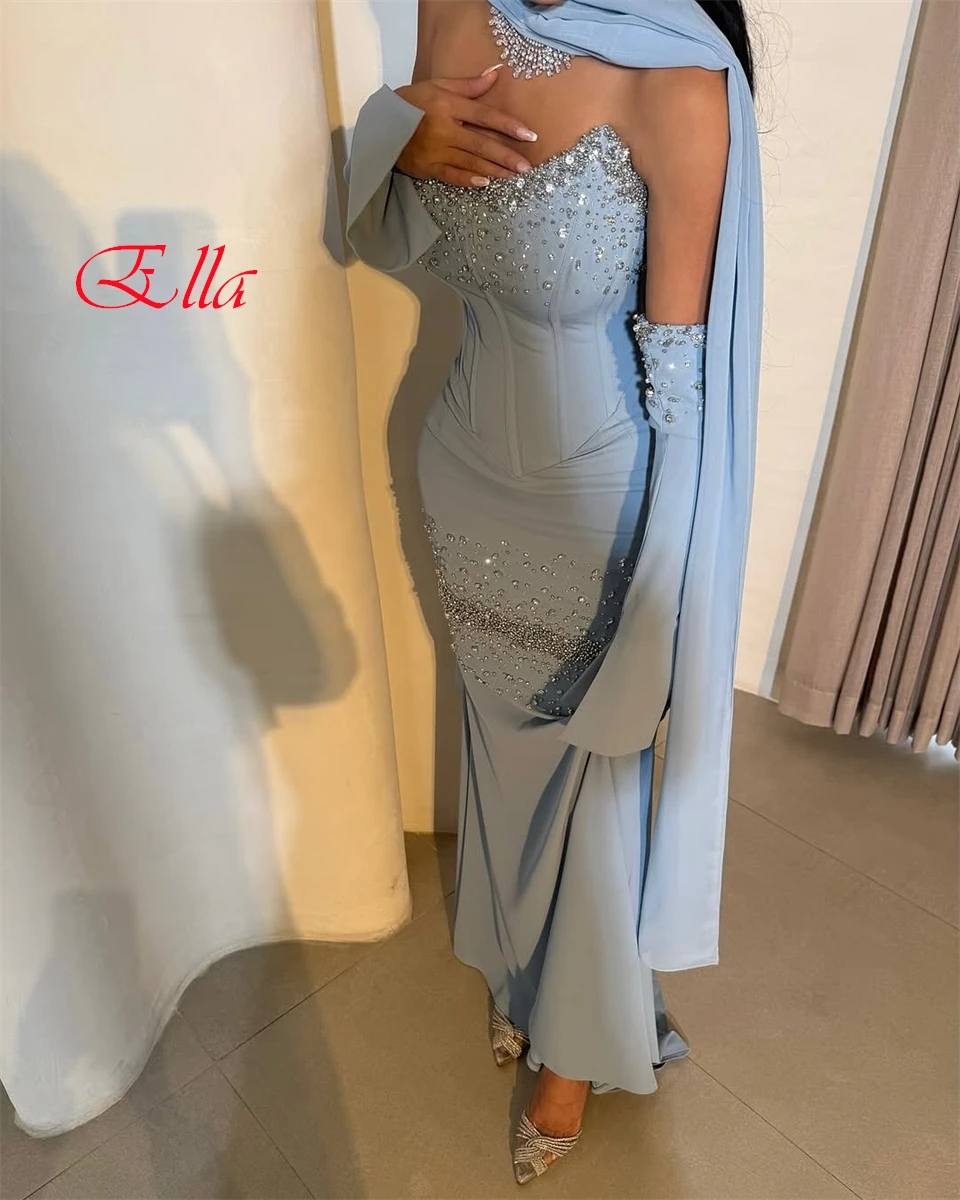 

Customized Modern Light Blue Jersey Evening Dress Elegant Strapless Detachable Sleeve Long Sleeves Zipper Back Cocktail Dress