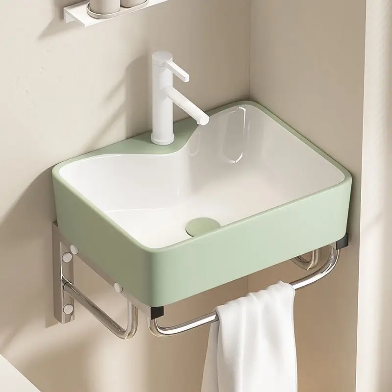 CZ Space-Saving Small Apartment Wall-Mounted Fruit Green Ceramic Wash Basin Stainless Steel Stand Washbasin Bathroom Sink