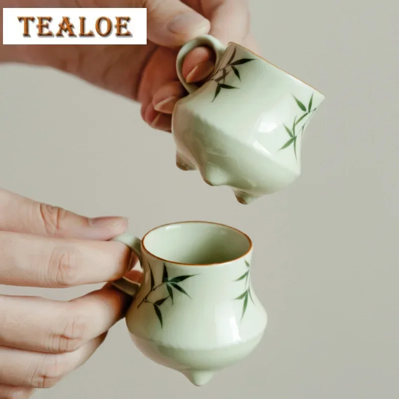 

2pc/lot Pure Hand-painted Green Bamboo Teacup Ladies' Master Handle Cup Personal Tea Bowl Heat-resistant Mug Drinkware Gift 50ML