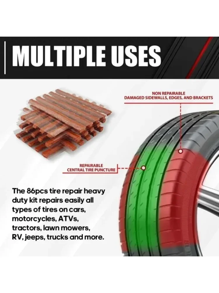 Universeller Hochleistungs-Reifenreparatursatz |   58-teiliges Set |   Feste Perforationen und Plugflächen |   Perfekt für Autos, LKWs,