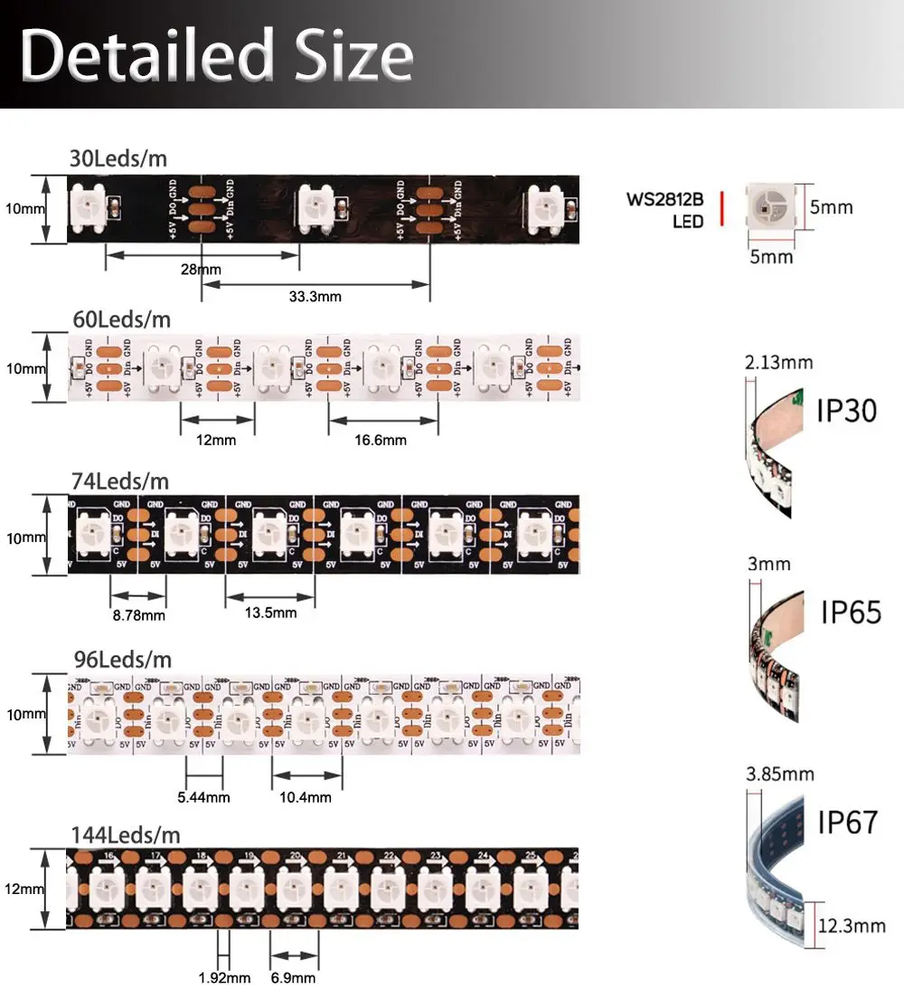 Imagem -02 - Tira Conduzida Esperta Ws2812b Ws2812 Individualmente Endereçável Rgb Preto Branco Pcb Ip30 65 67 Impermeável 15m Dc5v