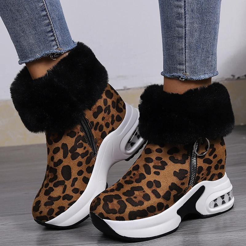 Sexy Leopard addensare peluche stivali da donna zeppe piattaforma caldo inverno stivaletti alla caviglia donna cerniera laterale tacco grosso Botas
