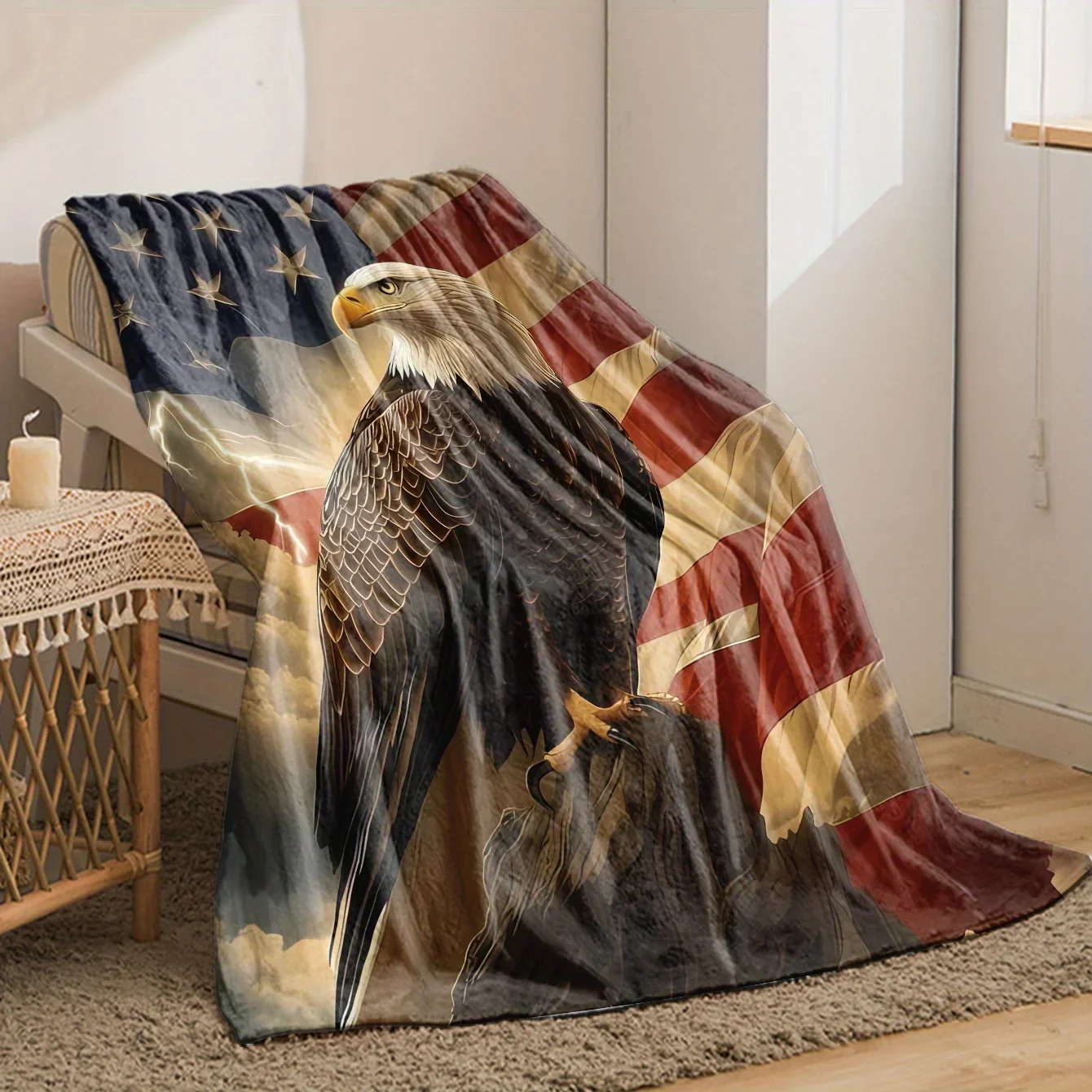 Majestic Eagle American Flag Throw Blanket Patriotic Decor Cozy Housewarming Gift for Fall Winter Home