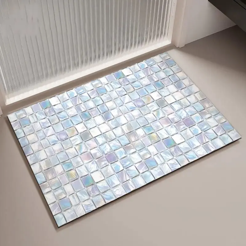 VIKAMA Rectangle Bath Mat Imitation Shell Mosaic Tile Shimmer Texture Non‑Slip Absorbent Rug Bathroom Shower Decor