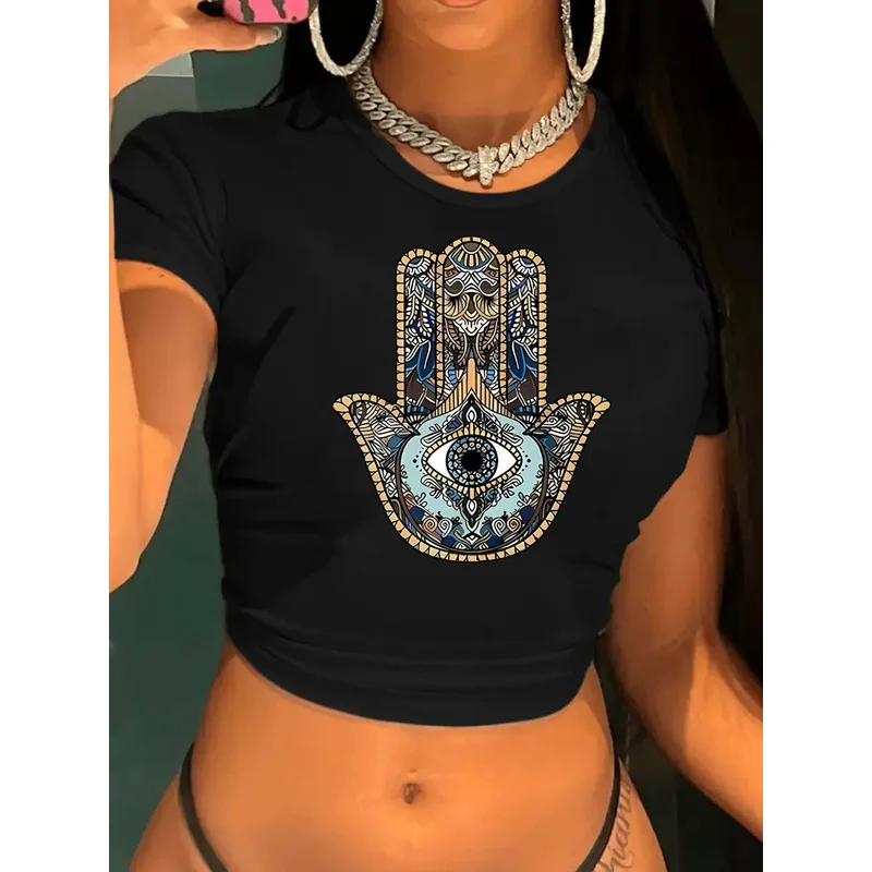 Boho Women Crop T-shirt Hamsa Hand Evil Eye Mandala Graphic Short Sleeve Casual Top