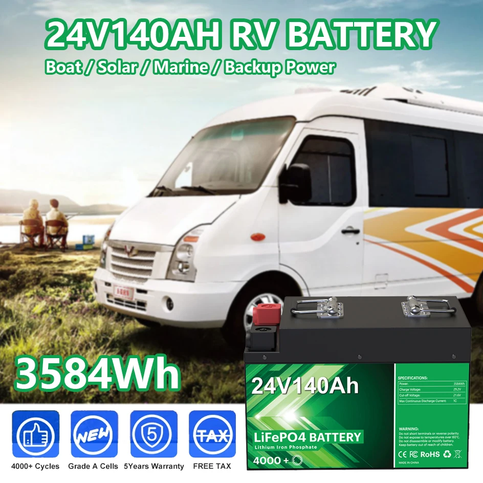 24V 140Ah 100Ah LiFePO4 Battery Pack 25.6V 4000 Cycle Built-in BMS Grade A Cells Rechargeable Lithium Battery For RV Boat NO TAX