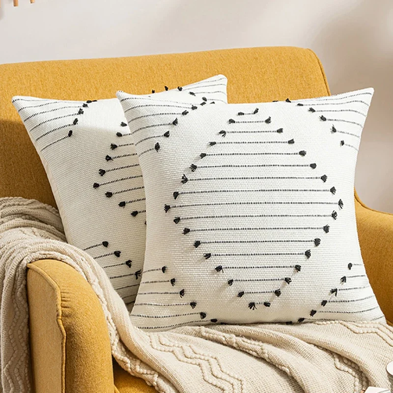 18x18in Boho Throw Pillow Covers Geometry Textured Cushion Case Farmhouse Pillowcase for Home Sofa Couch Living Room Decor