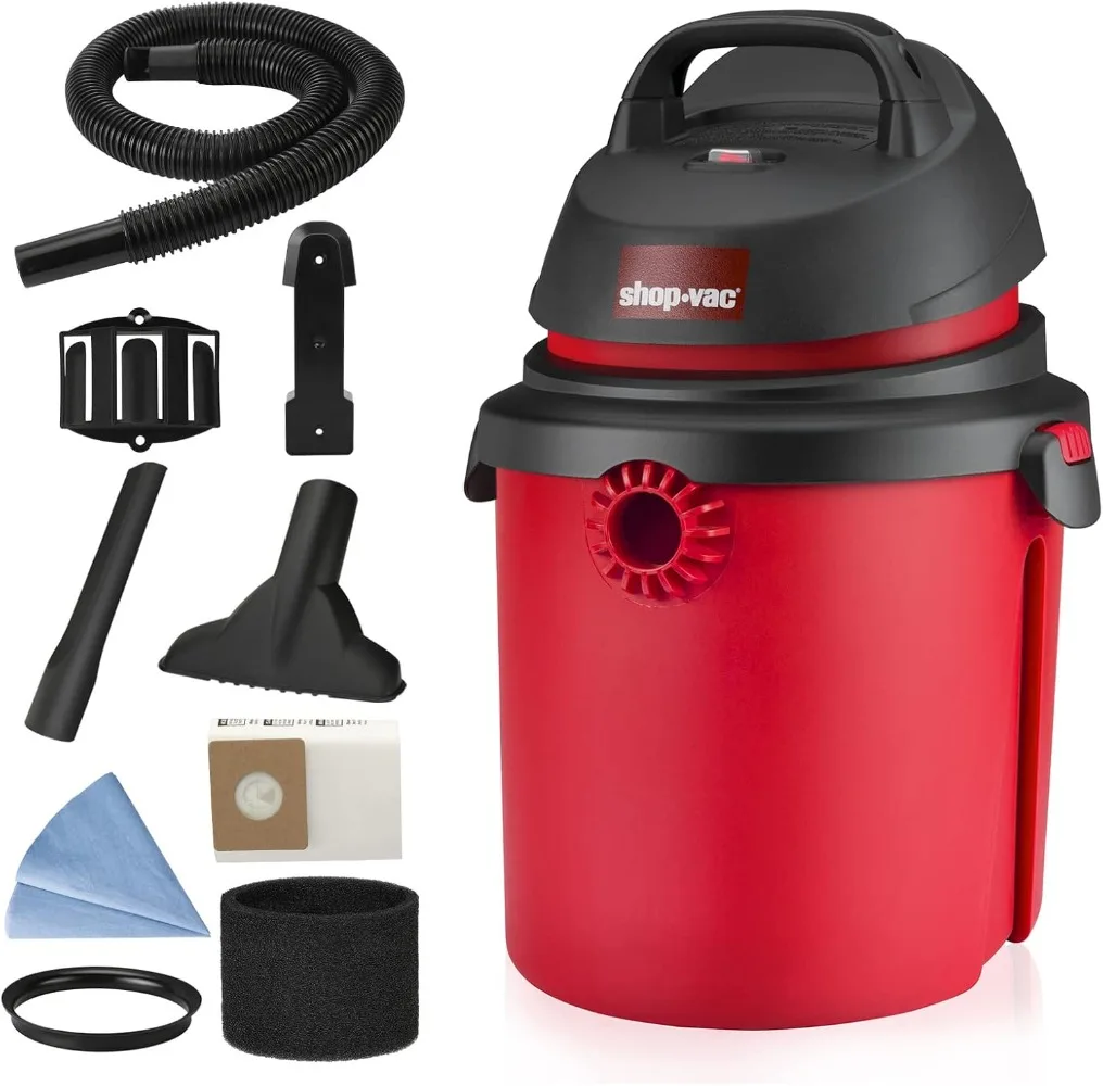 4 Gallon 4.0 Peak HP Wet/Dry Vacuum, with Tool Holder, Wall Bracket & Attachments, Ideal for Home, Jobsite, Garage, Car