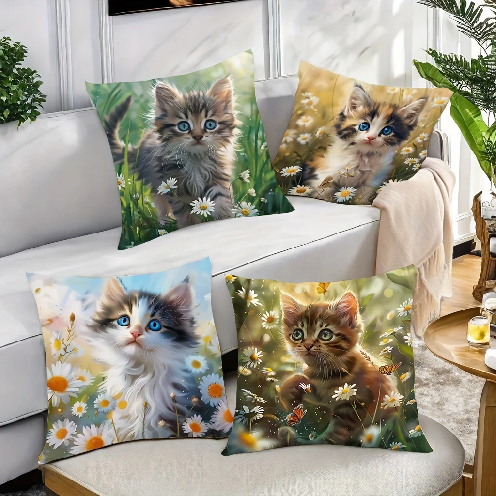 4-piece set of cute and vibrant cat-themed pillowcases, suitable for use in the living room and bedroom (insert not included)