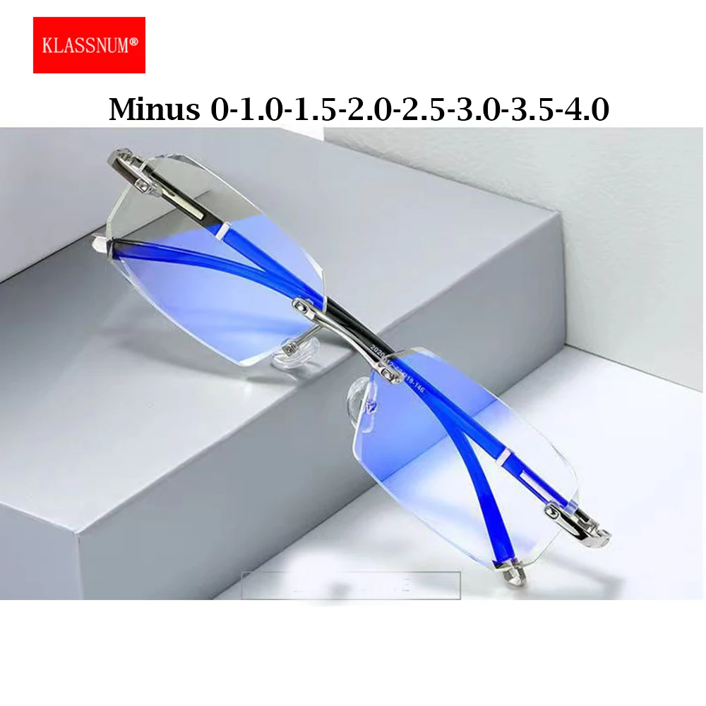 KLASSNUM Men Rimless Myopia Glasses Anti-blue light glasses Man High Quality Minus Optical Transparent Glasses 0-1.0-1.5-2.0-2.5