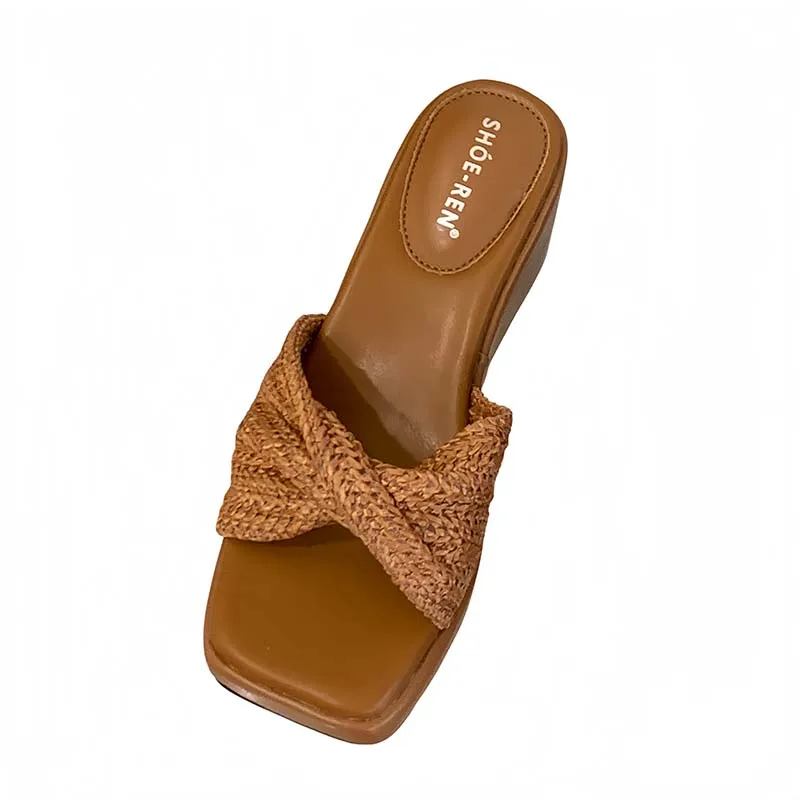 

Brown High Heels Sandals Summer Wedges Heels For Woman Slippers Beige Chunky Shoes Casual Ladies Beach Sandals