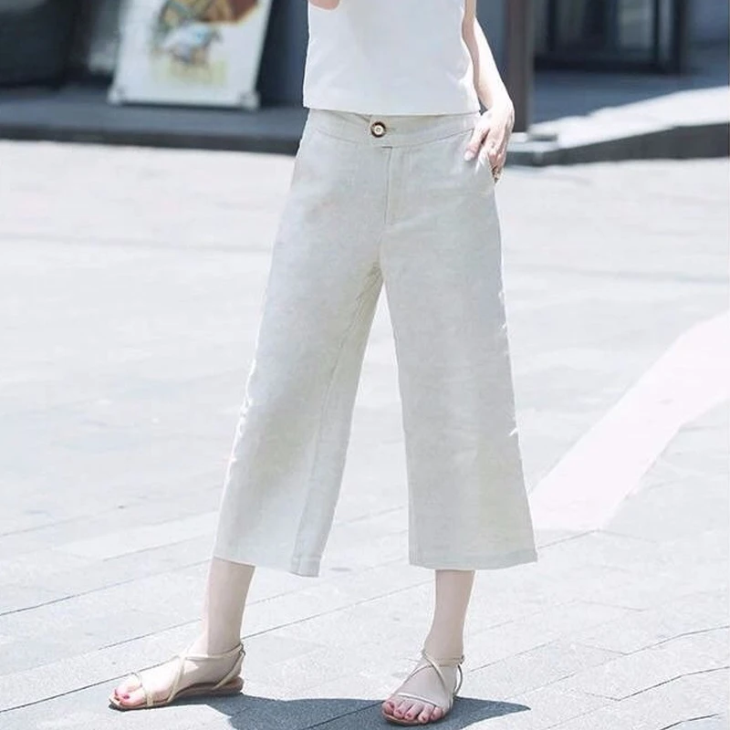 Calf-length Pants Button Pockets Zippers Women's Clothing Thin Loose Wide Leg Solid Color Casual Elegant Straight Simple Z460