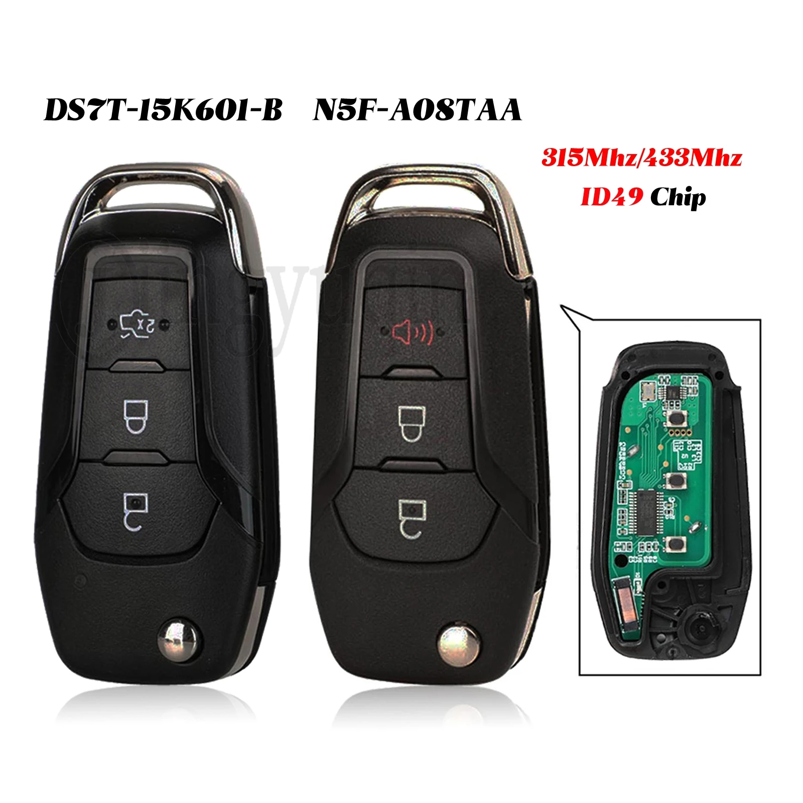 jingyuqin 3Buttons Flip Remote Car Key 315/433MHz ID49 Chip Fob For Ford S-MAX GALAXY MONDEO Mk2 Mk7 Explorer Ranger HU101 Blade