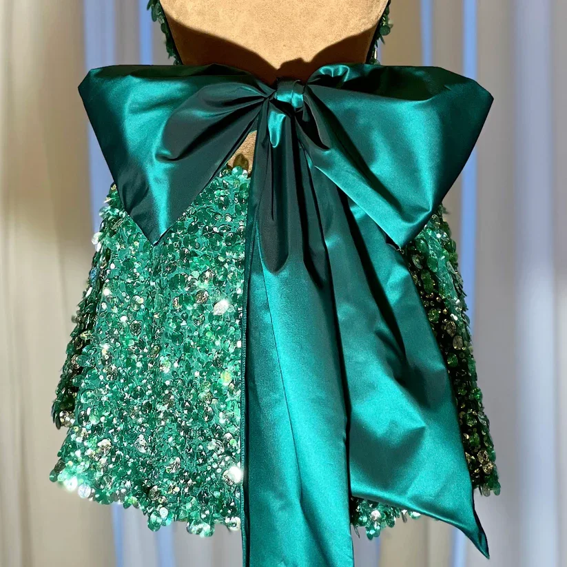 فساتين كوكتيل خضراء على شكل حرف a رسن ترتر فيونكة لحفلات أعياد الميلاد فساتين حفلة موسيقية قصيرة لحفلات العودة للوطن حسب الطلب #3