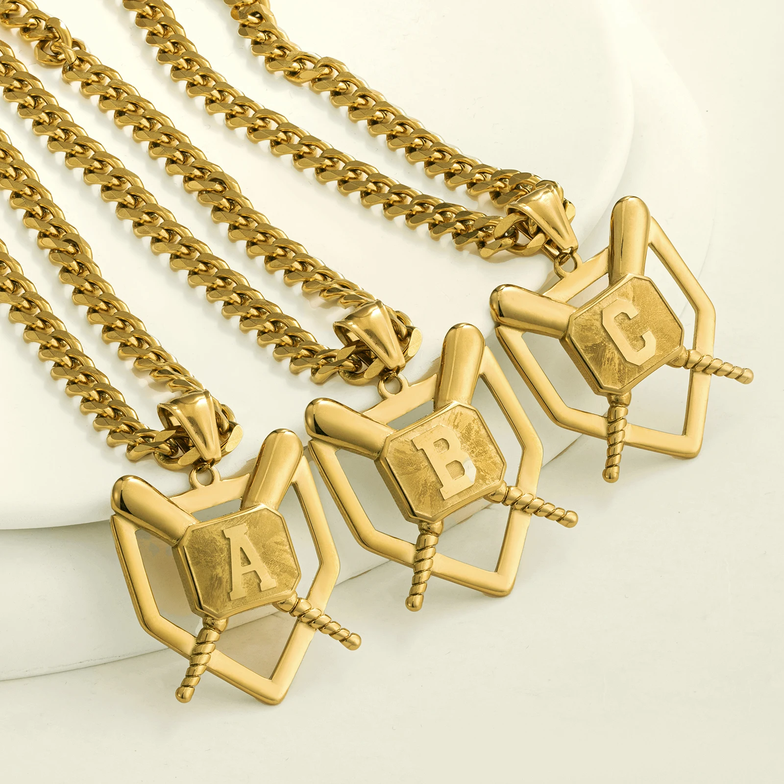 Gold Plated Baseball Bat & Initial Pendant Necklaces, Stainless Steel Cuban Chain, Initial Pendant Charm Jewelry for Sports Fans