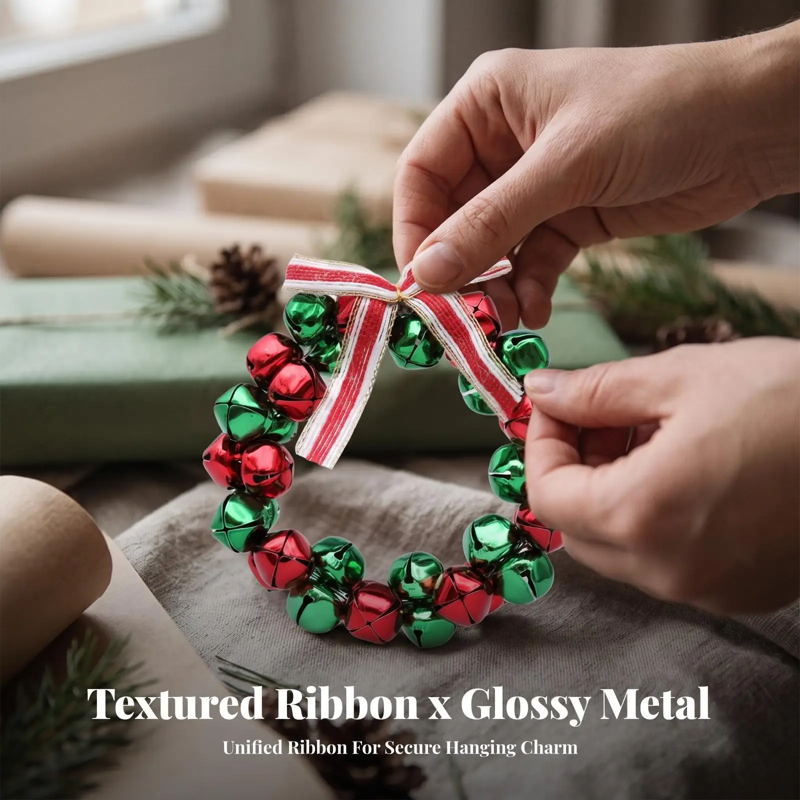 Christmas Bell Wreath Decor for Front Door Wall Iron Metal Ornament with Striped Ribbon Bow