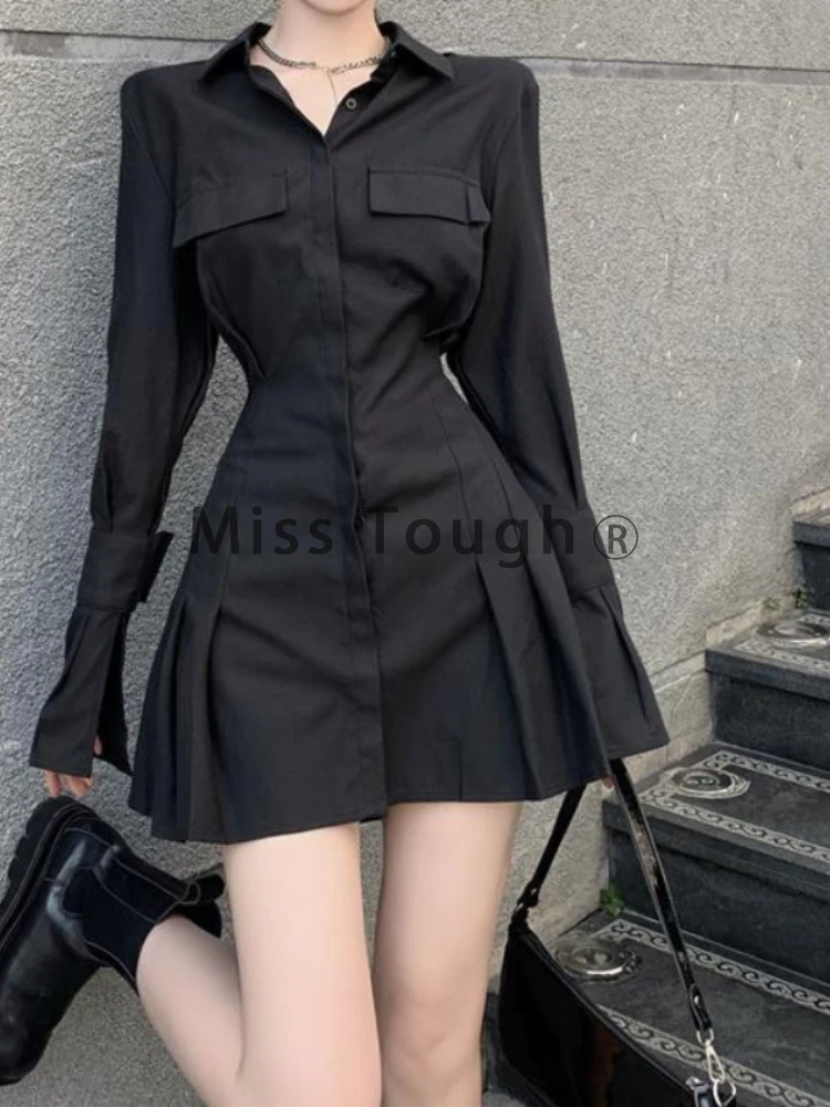 Autumn Black Shirt Dress Women Elegant Vintage Long Sleeve Dresses Sexy Gothic Pleated Streetwear Turn-down Collar Casual Robe