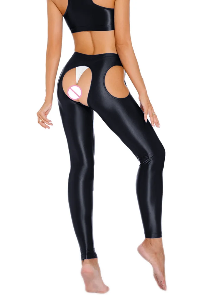 Sexy Satin Oil Glossy Shiny Pencil Pants Elastic Hollow Out Tight Sheer See Through Leggings Dance Candy Color Leotard