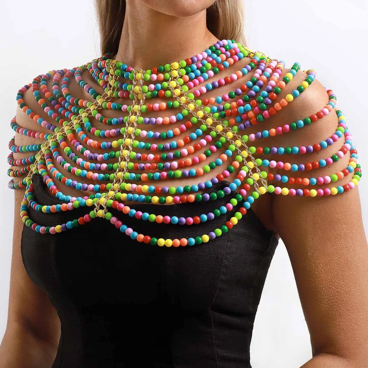 Vibrant Multilayer Rainbow Bead Body Harness Golden Link Chain Statement Shoulder Jewelry Music Festival Rave Costume Dress